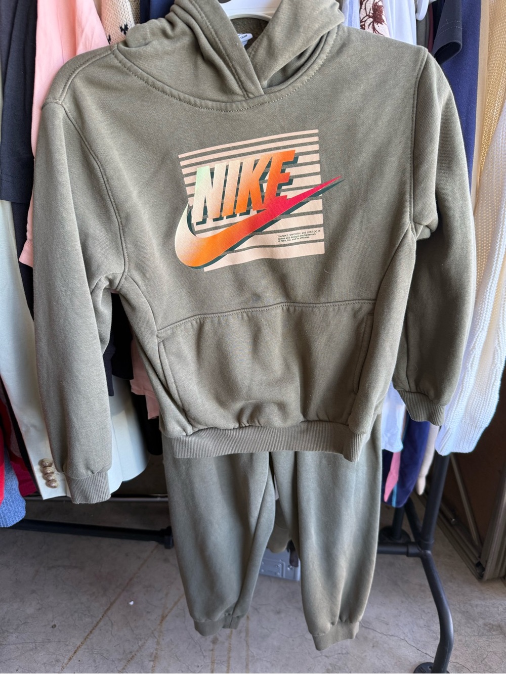 Nike Kids Olive Green Hoodie & Joggers Set with Gradient Logo
